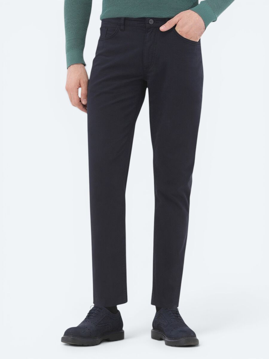 Navy Blue Weaving Slim Fit Casual Cotton Blended Trousers - 2
