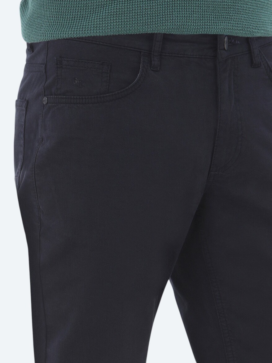 Navy Blue Weaving Slim Fit Casual Cotton Blended Trousers - 4
