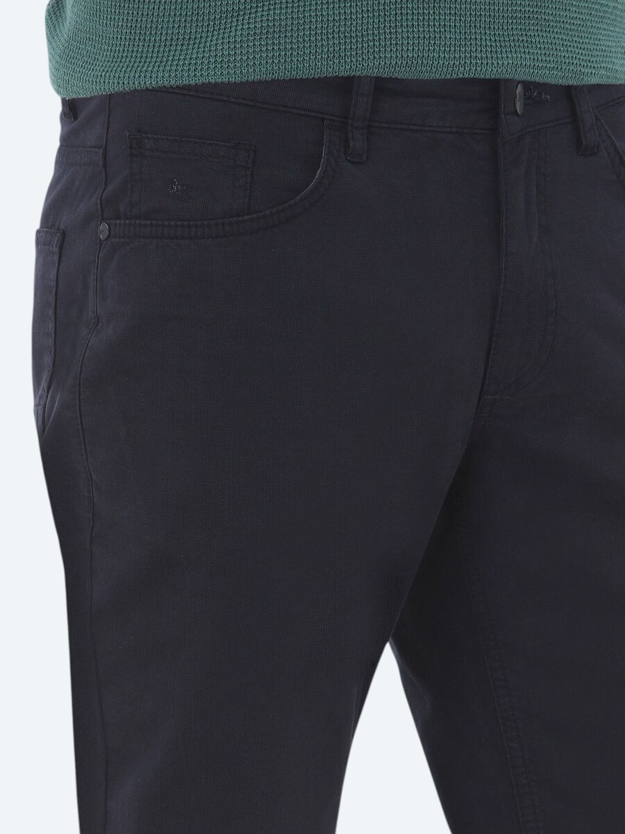 Navy Blue Weaving Slim Fit Casual Cotton Blended Trousers - 4