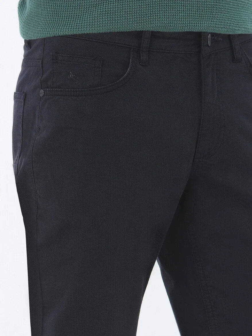 Navy Blue Weaving Slim Fit Casual Cotton Blended Trousers 