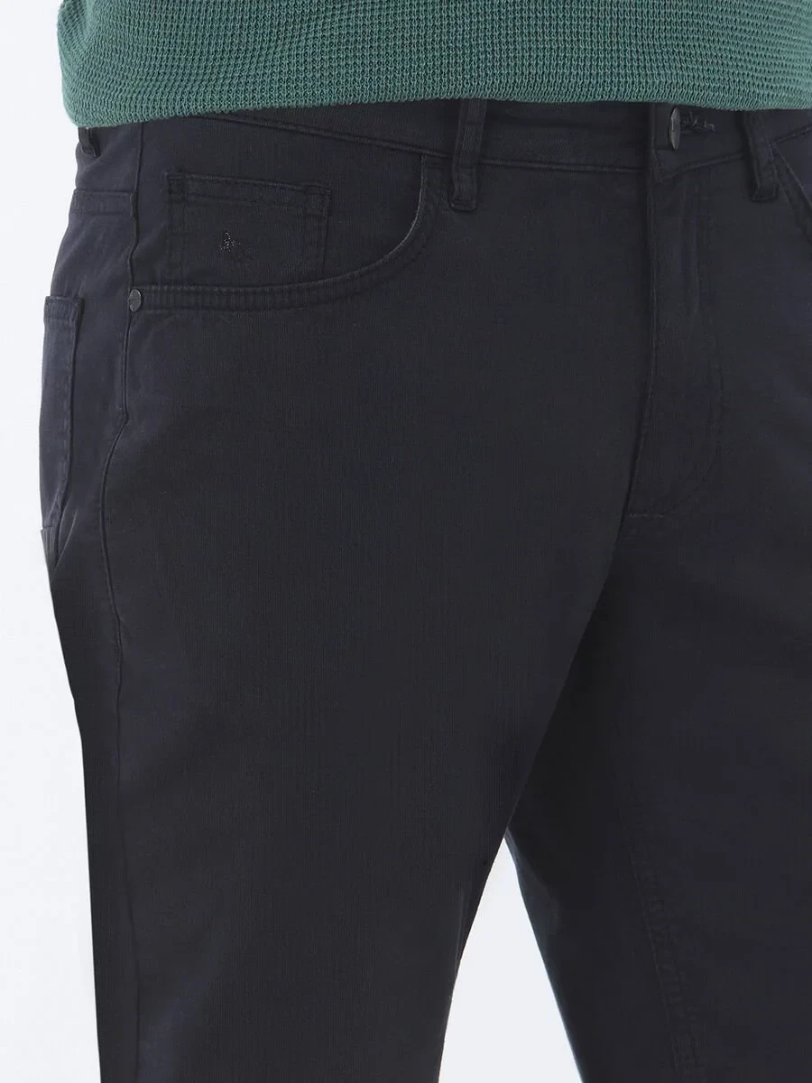 Navy Blue Weaving Slim Fit Casual Cotton Blended Trousers - 4