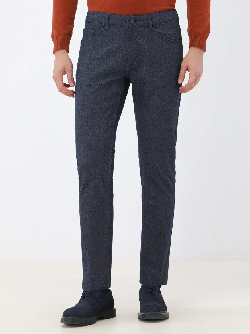 Navy Blue Weaving Slim Fit Casual Cotton Blended Trousers - 1