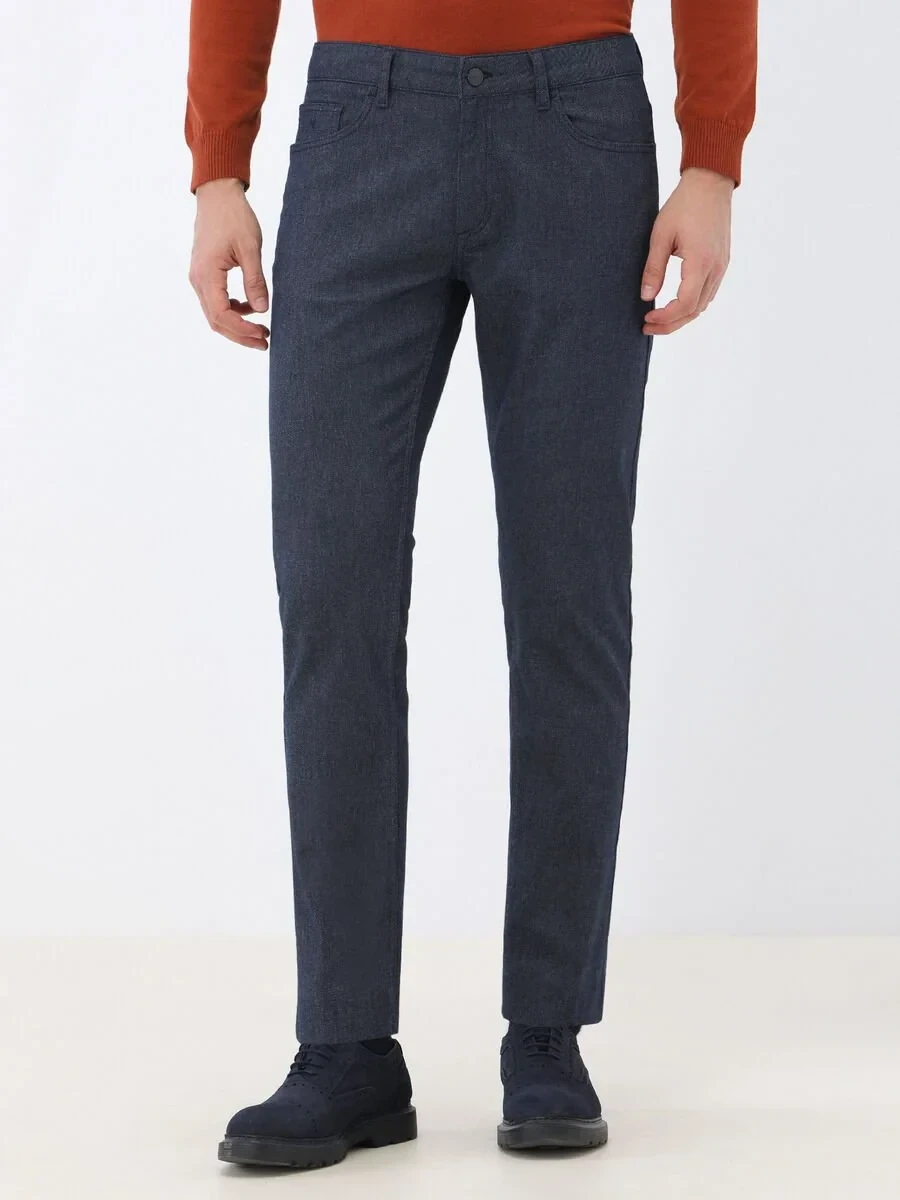 Navy Blue Weaving Slim Fit Casual Cotton Blended Trousers - 1