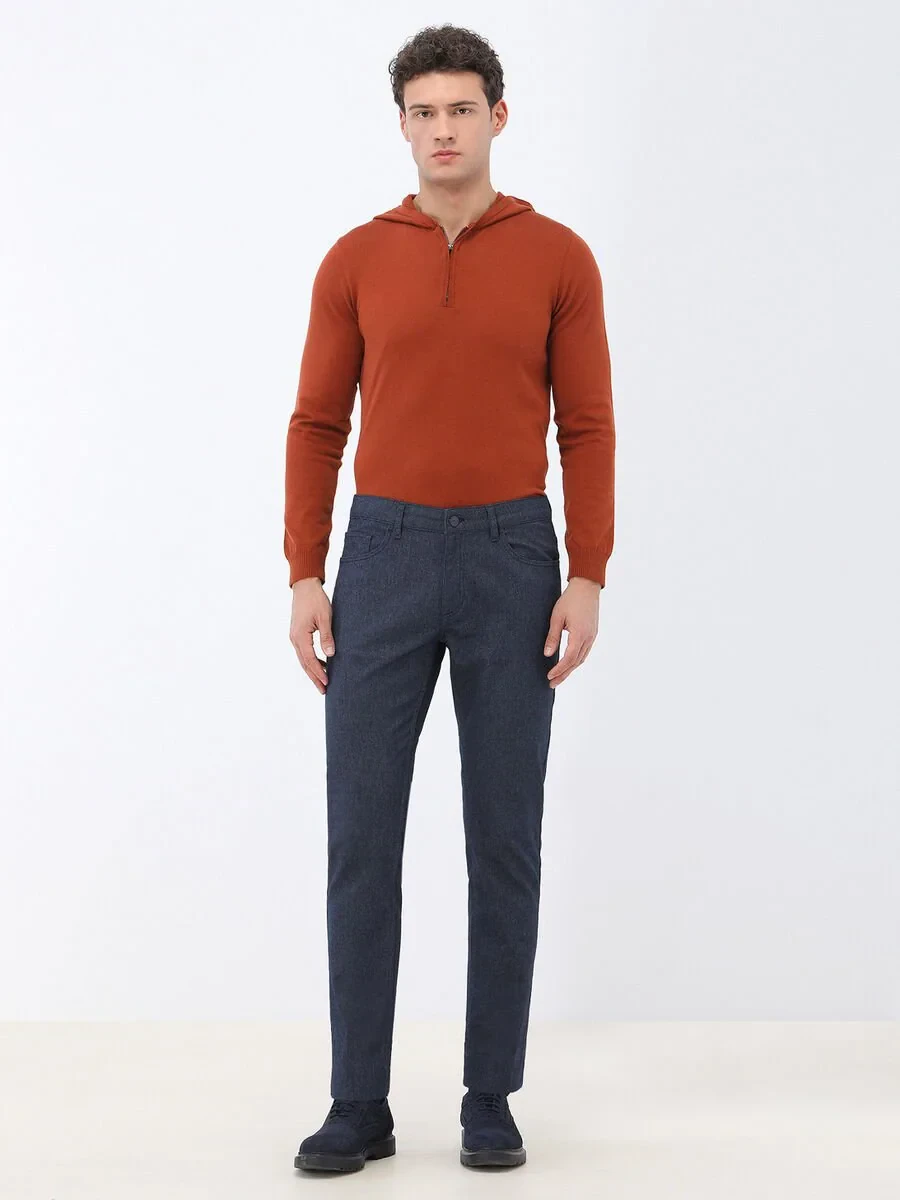 Navy Blue Weaving Slim Fit Casual Cotton Blended Trousers - 2