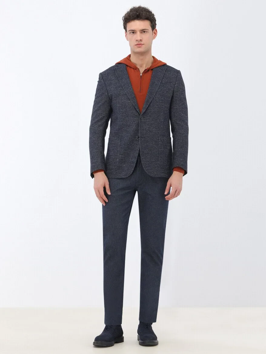 Navy Blue Weaving Slim Fit Casual Cotton Blended Trousers - 3