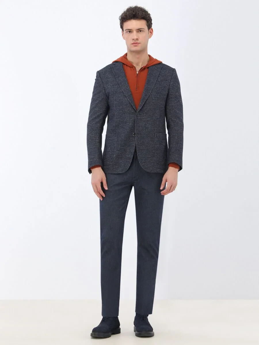 Navy Blue Weaving Slim Fit Casual Cotton Blended Trousers - 3