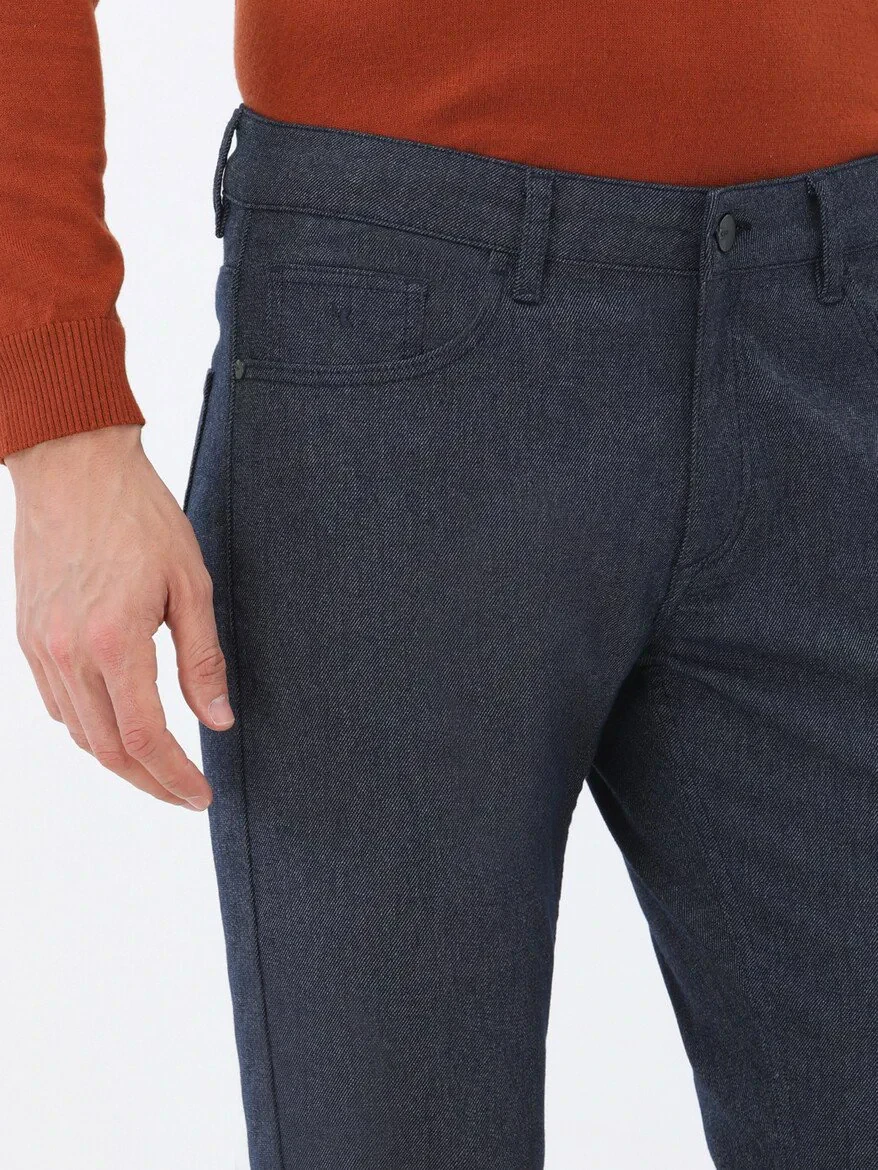 Navy Blue Weaving Slim Fit Casual Cotton Blended Trousers - 4