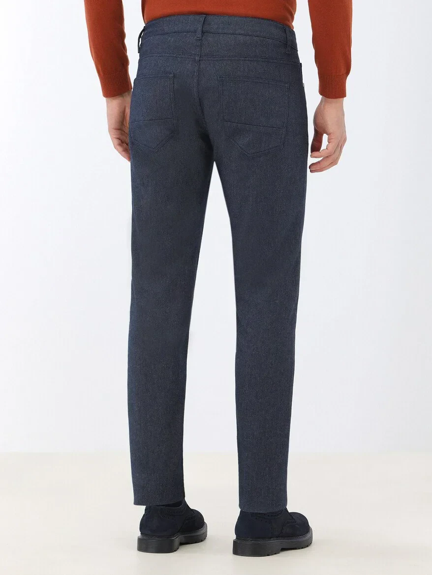 Navy Blue Weaving Slim Fit Casual Cotton Blended Trousers - 5