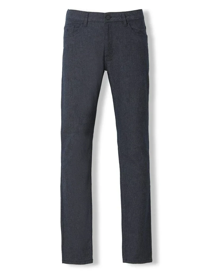 Navy Blue Weaving Slim Fit Casual Cotton Blended Trousers - 6