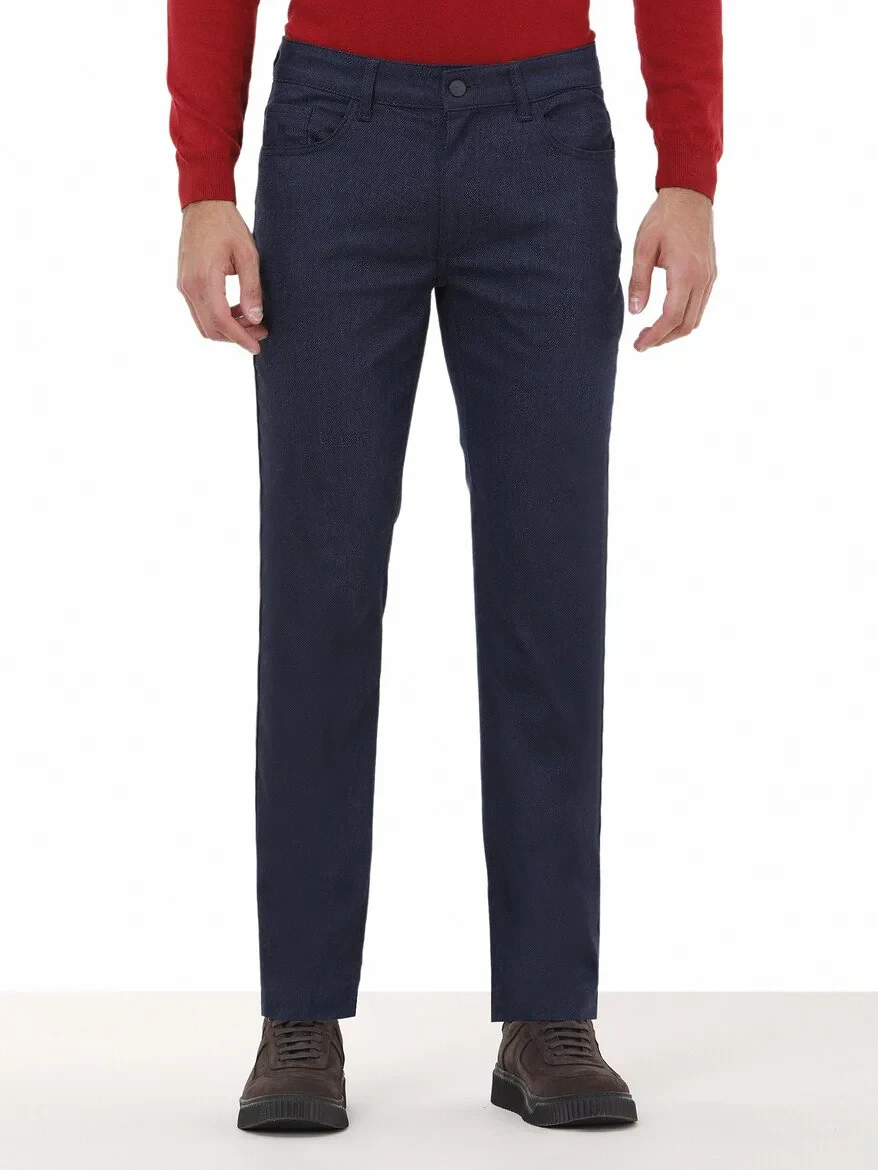 Navy Blue Weaving Slim Fit Casual Cotton Blended Trousers - 1
