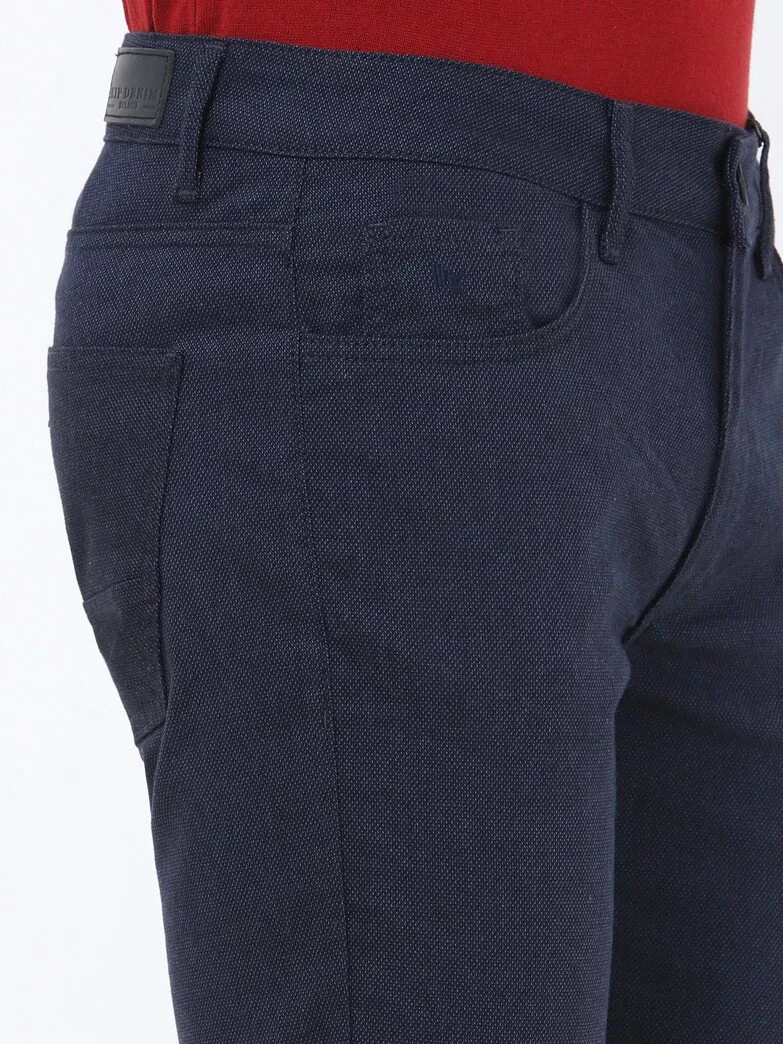 Navy Blue Weaving Slim Fit Casual Cotton Blended Trousers - 3