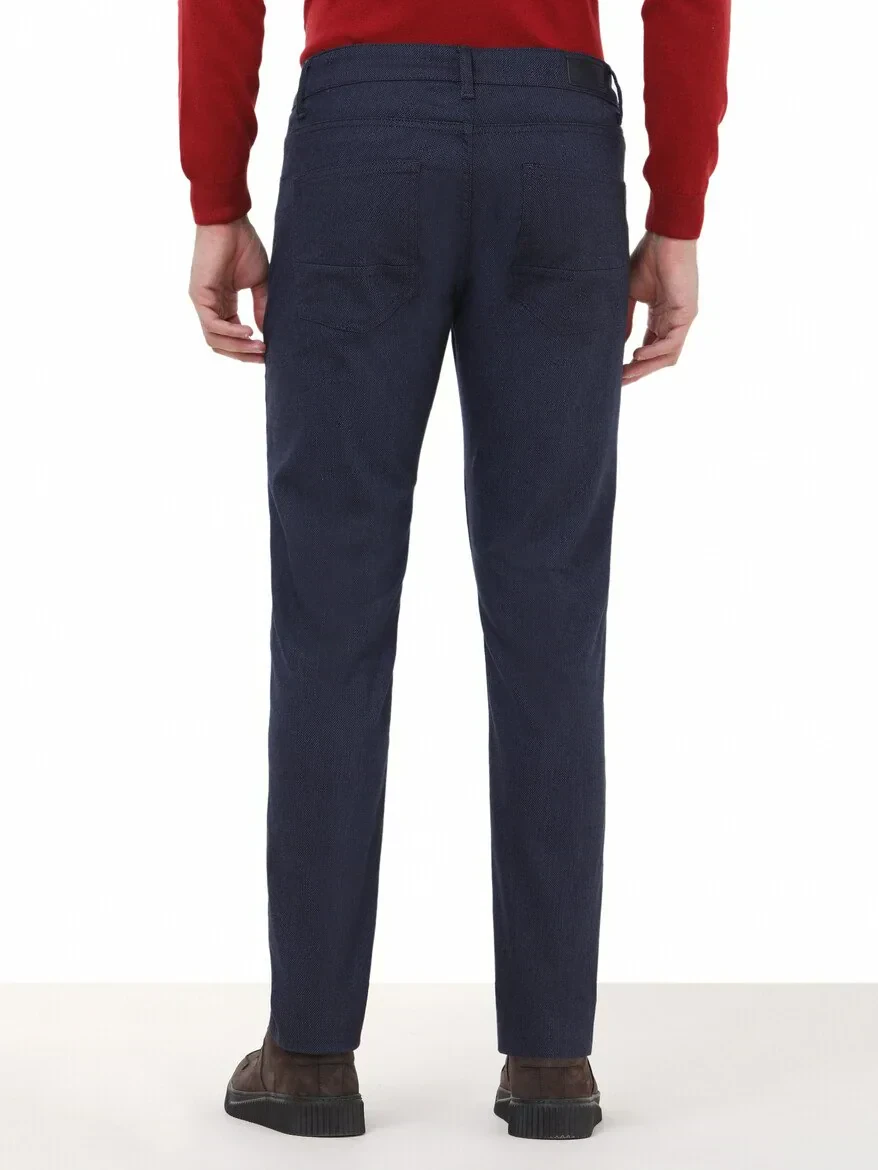 Navy Blue Weaving Slim Fit Casual Cotton Blended Trousers - 4