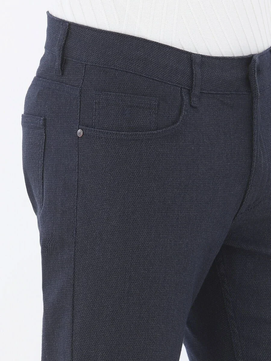 Navy Blue Weaving Slim Fit Casual Cotton Blended Trousers - 4