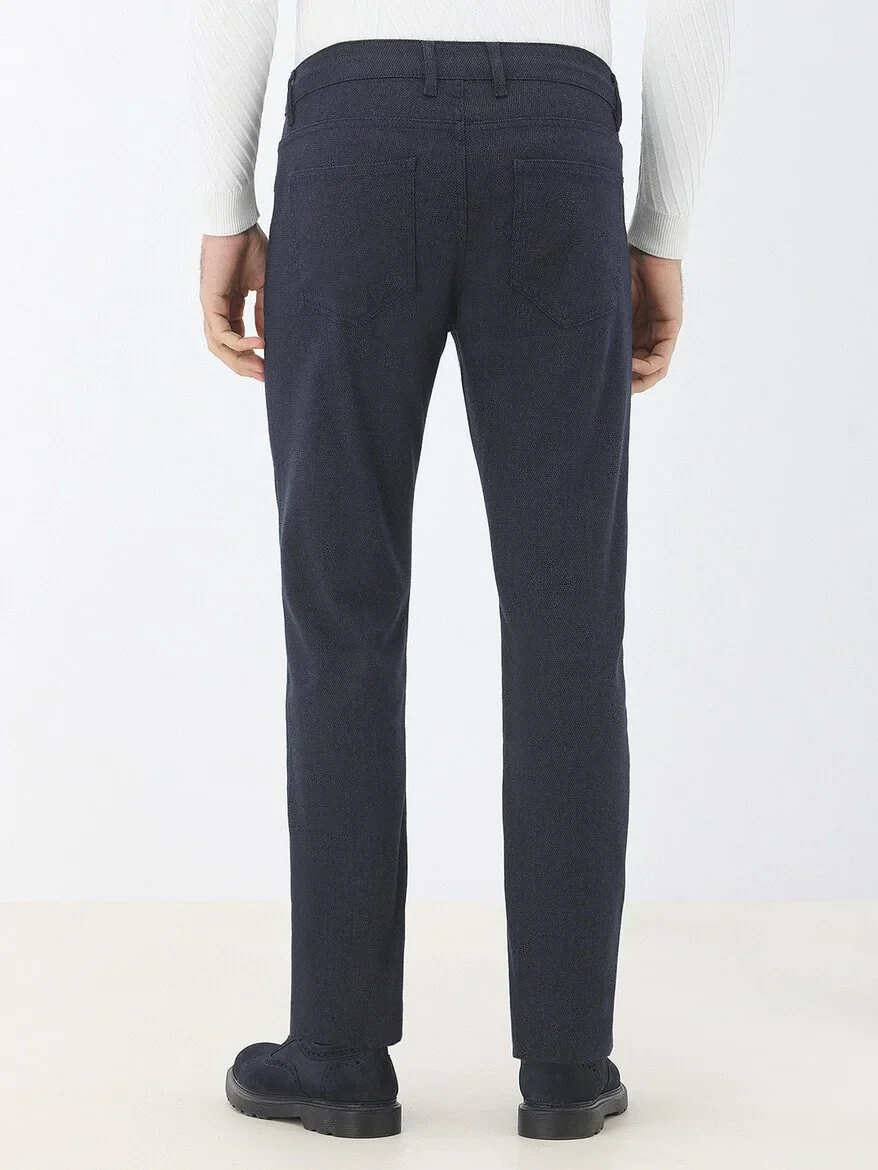 Navy Blue Weaving Slim Fit Casual Cotton Blended Trousers - 5