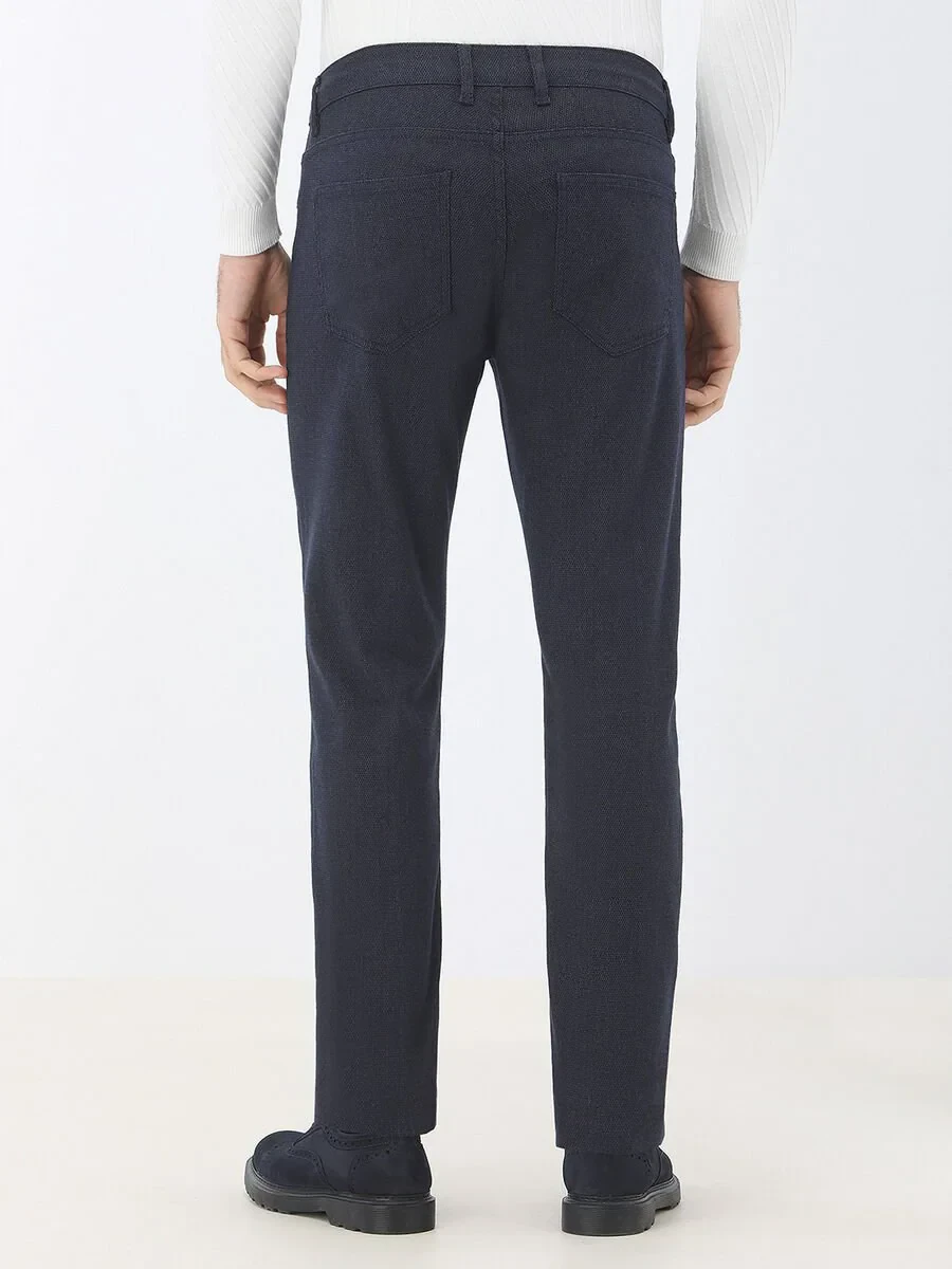 Navy Blue Weaving Slim Fit Casual Cotton Blended Trousers - 5