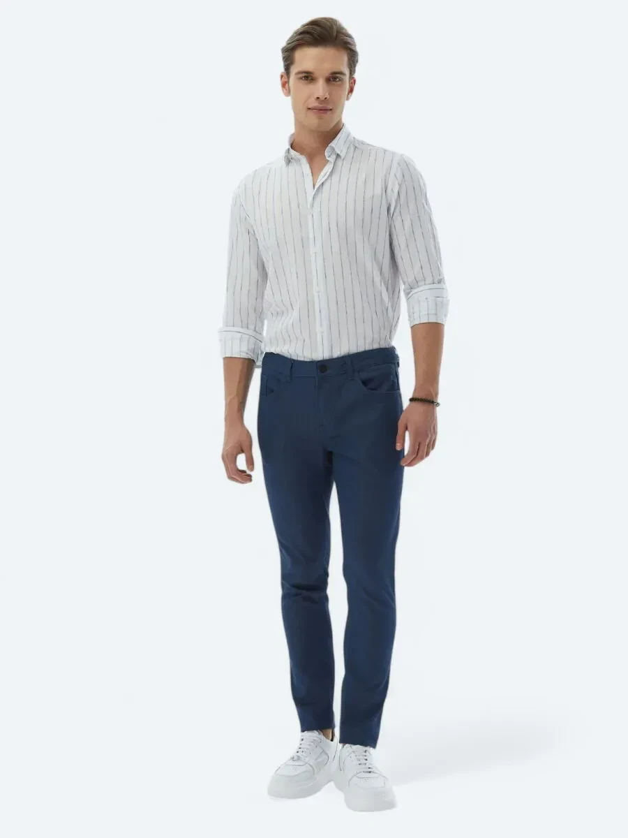Navy Blue Weaving Slim Fit Casual Cotton Blended Trousers - 1