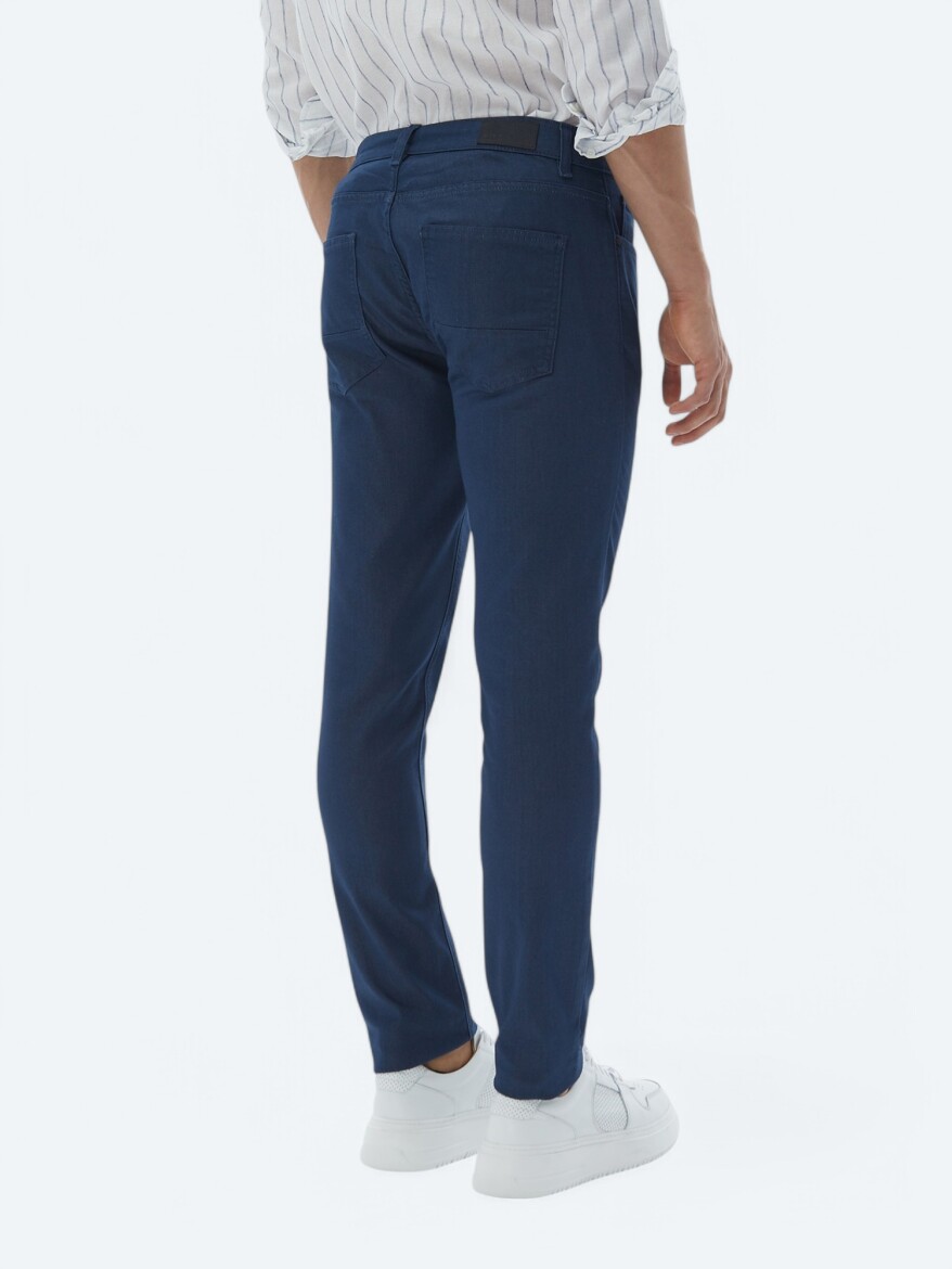 Navy Blue Weaving Slim Fit Casual Cotton Blended Trousers - 5