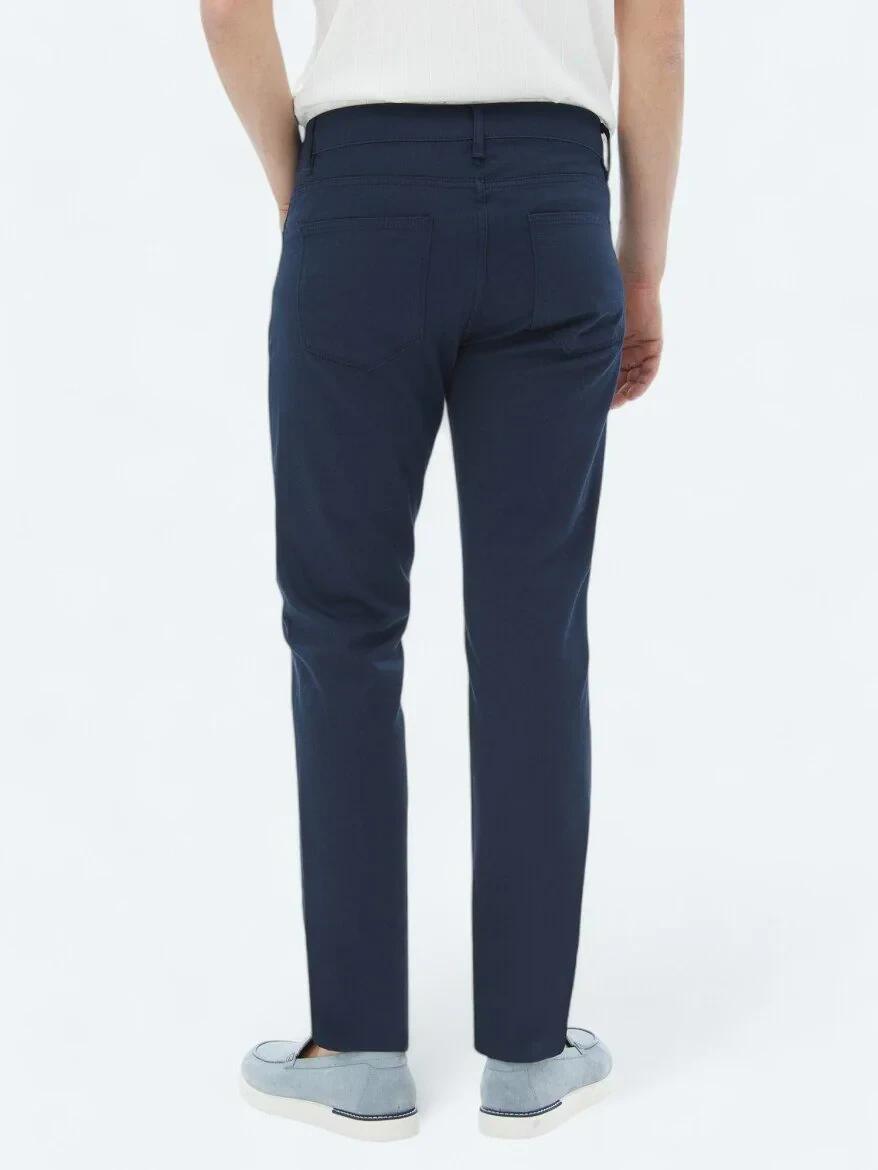 Navy Blue Weaving Slim Fit Casual Cotton Blended Trousers 
