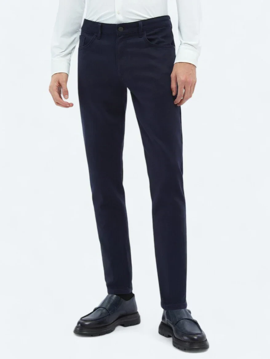 Navy Blue Weaving Slim Fit Casual Cotton Blended Trousers - 2