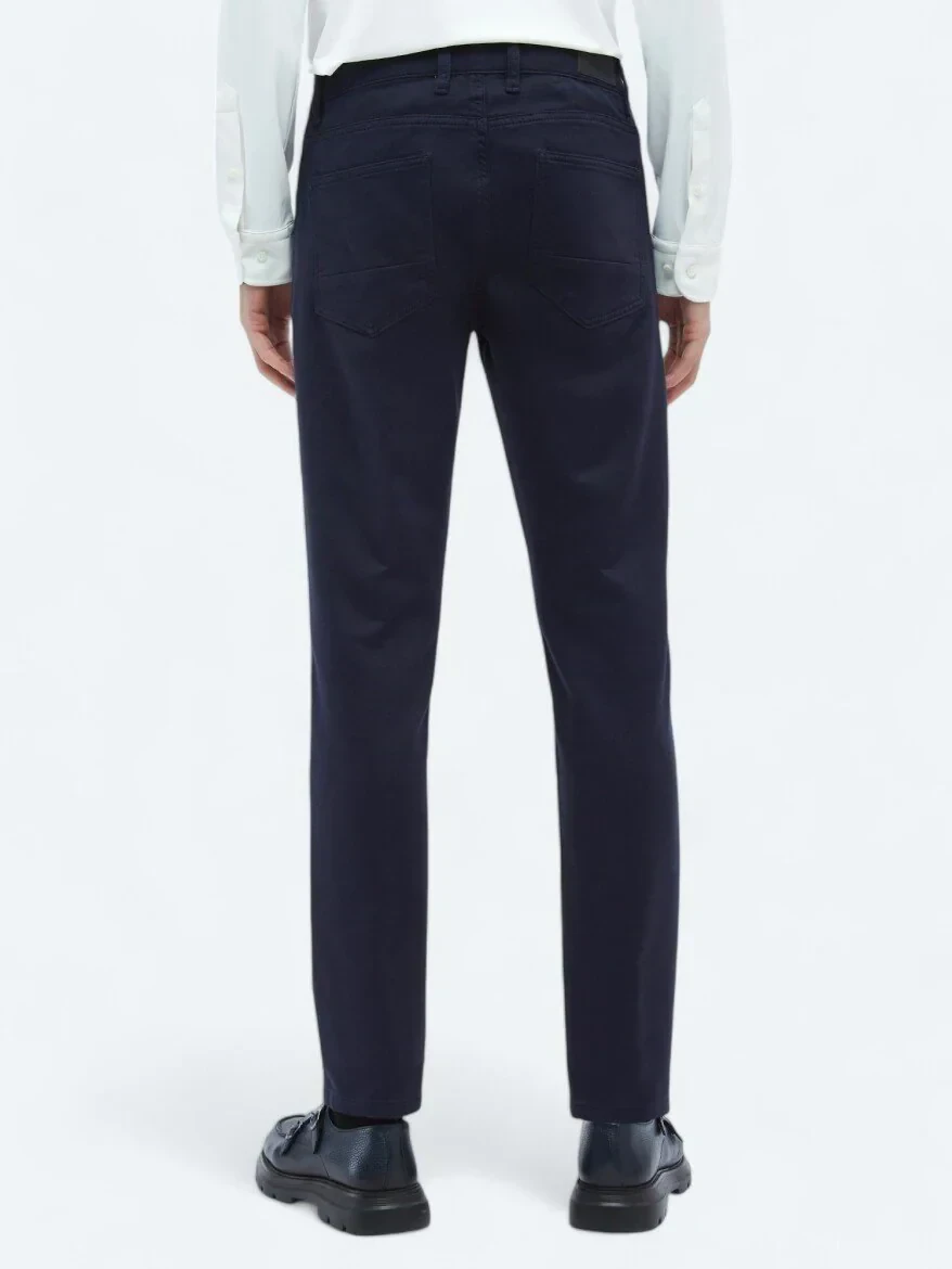 Navy Blue Weaving Slim Fit Casual Cotton Blended Trousers 