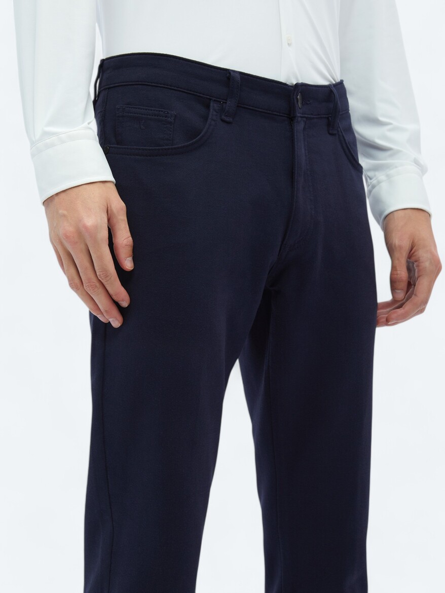 Navy Blue Weaving Slim Fit Casual Cotton Blended Trousers - 3