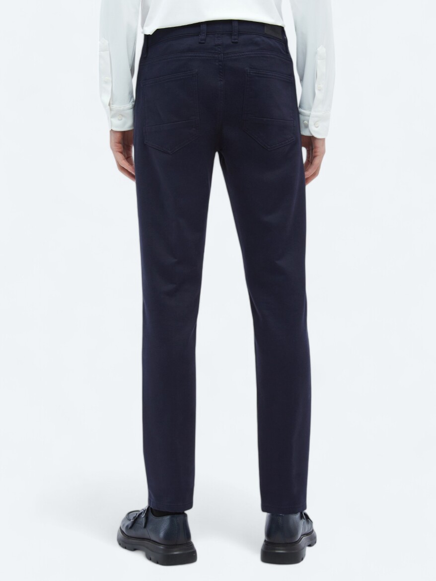 Navy Blue Weaving Slim Fit Casual Cotton Blended Trousers - 4
