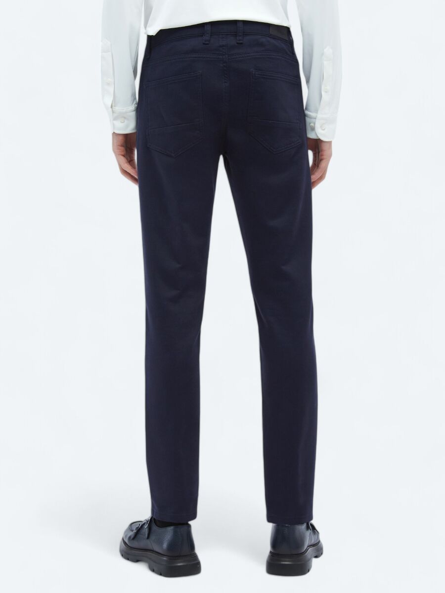 Navy Blue Weaving Slim Fit Casual Cotton Blended Trousers - 4