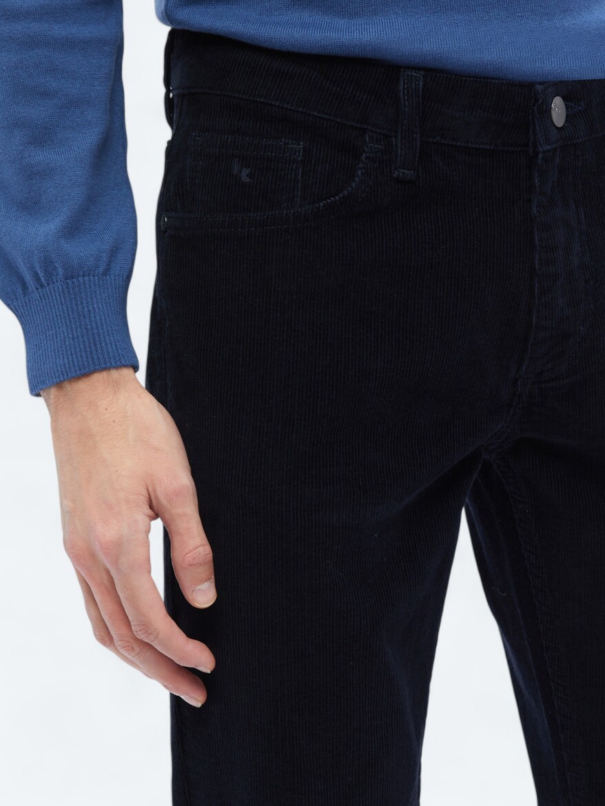 Navy Blue Weaving Slim Fit Casual Cotton Blended Trousers - 3