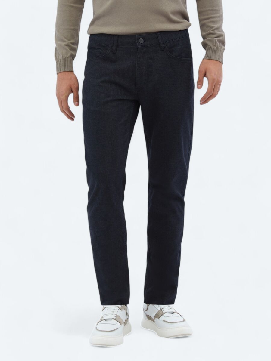 Navy Blue Weaving Slim Fit Casual Cotton Blended Trousers - 2