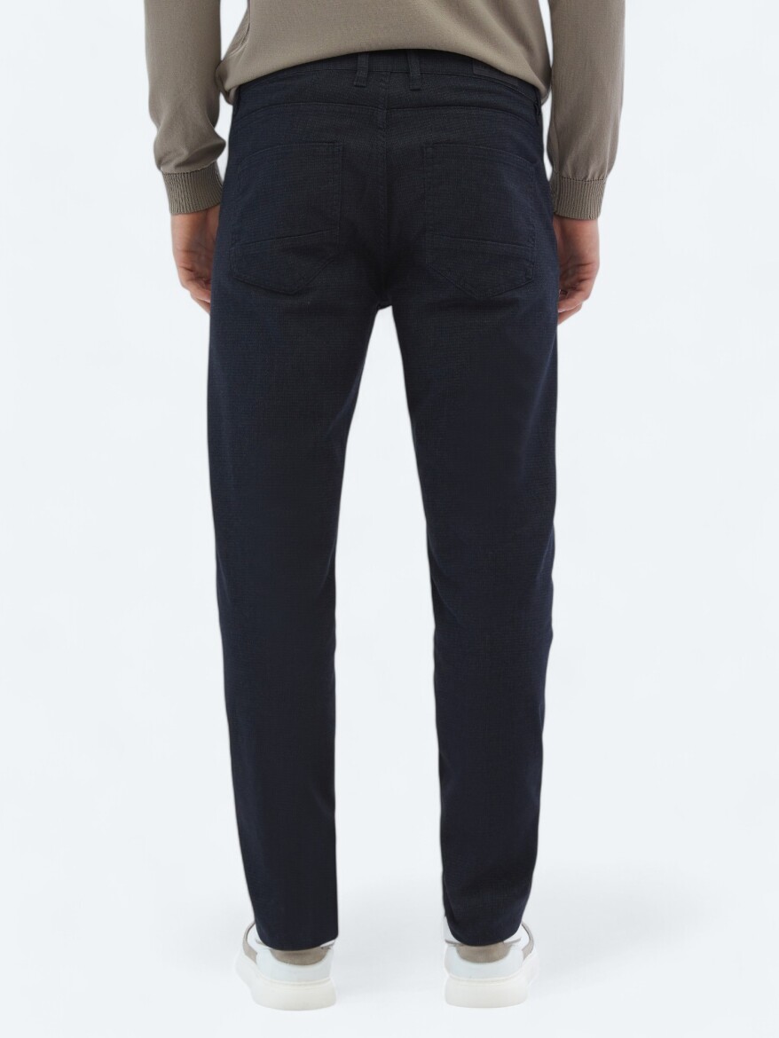 Navy Blue Weaving Slim Fit Casual Cotton Blended Trousers - 5