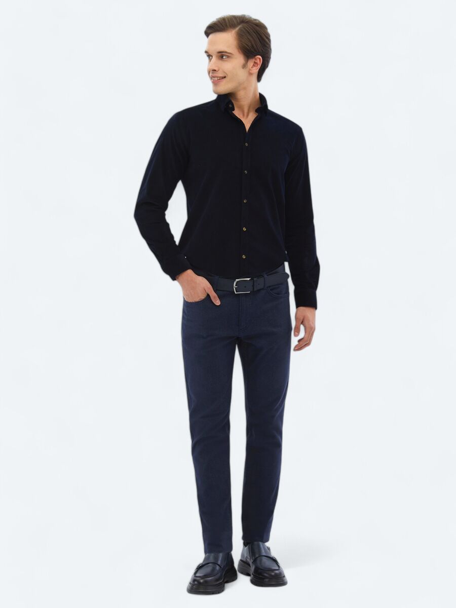 Navy Blue Weaving Slim Fit Casual Cotton Blended Trousers - 1