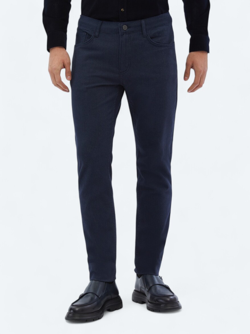 Navy Blue Weaving Slim Fit Casual Cotton Blended Trousers - KİP