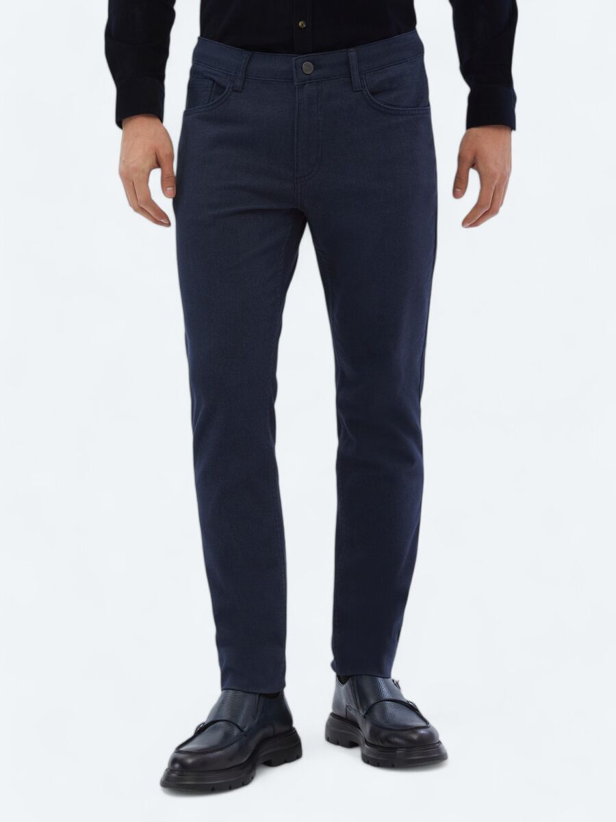 Navy Blue Weaving Slim Fit Casual Cotton Blended Trousers - 2