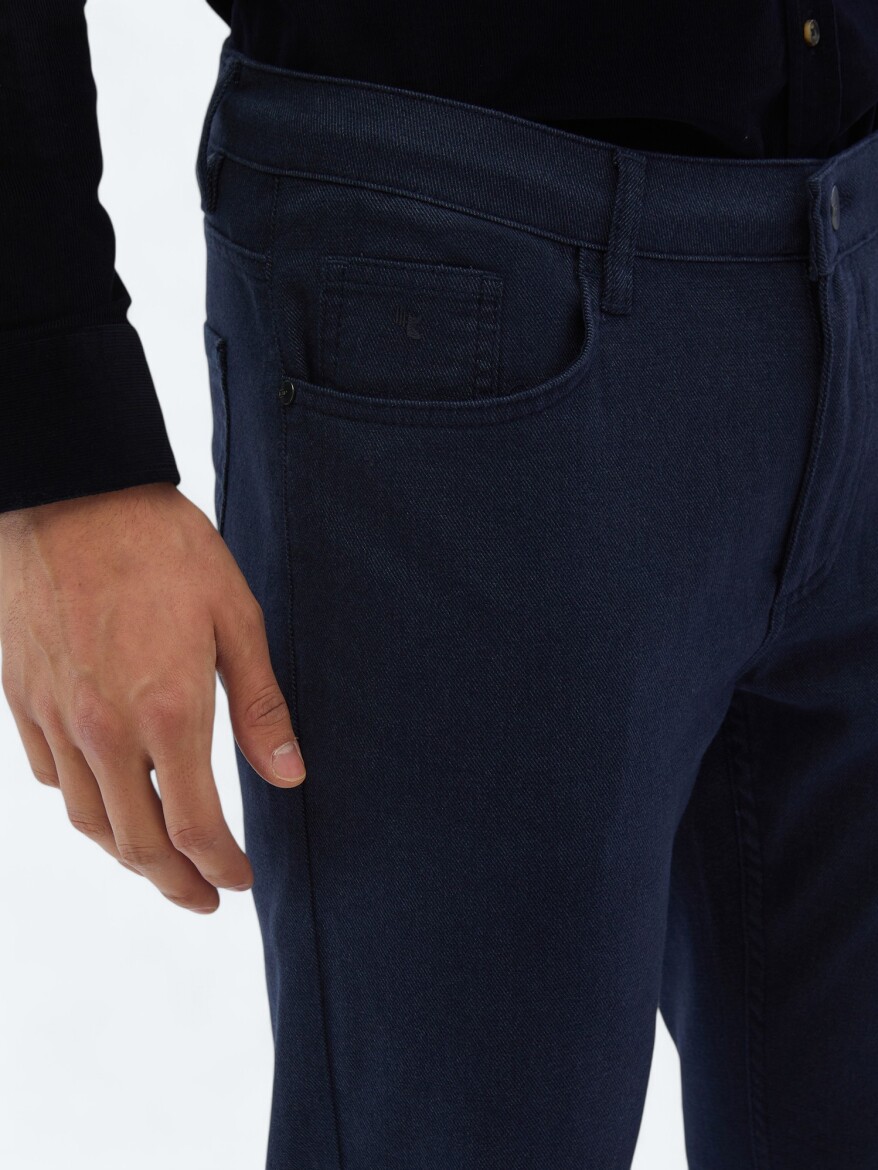 Navy Blue Weaving Slim Fit Casual Cotton Blended Trousers - 3