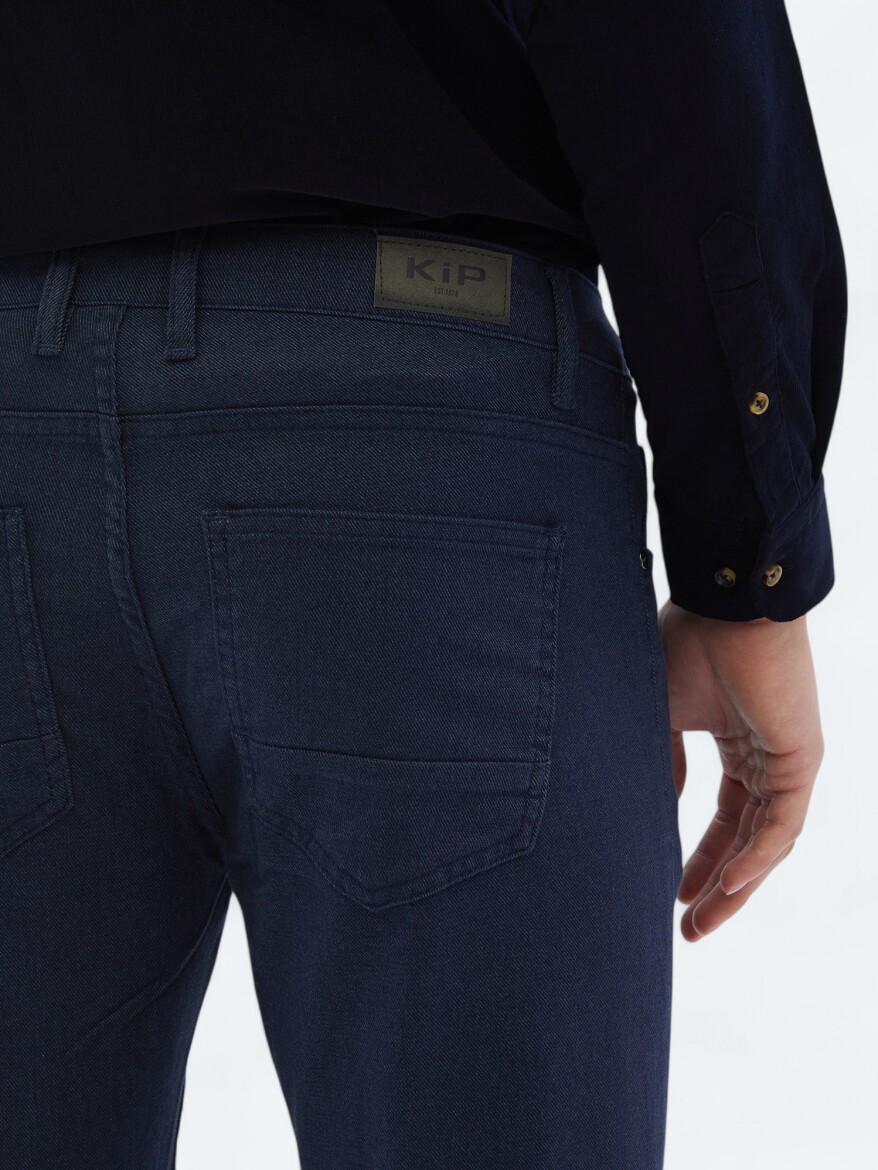 Navy Blue Weaving Slim Fit Casual Cotton Blended Trousers - 4