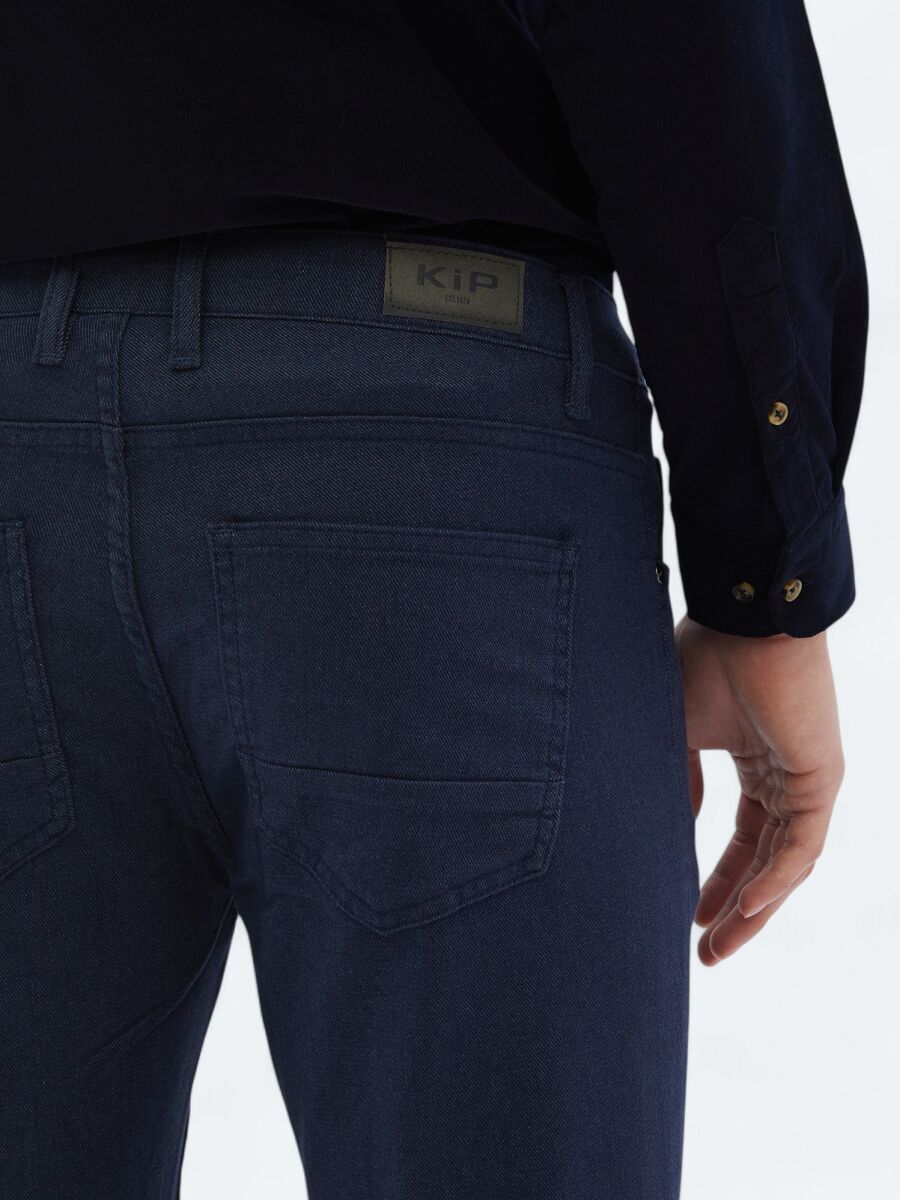 Navy Blue Weaving Slim Fit Casual Cotton Blended Trousers - 4