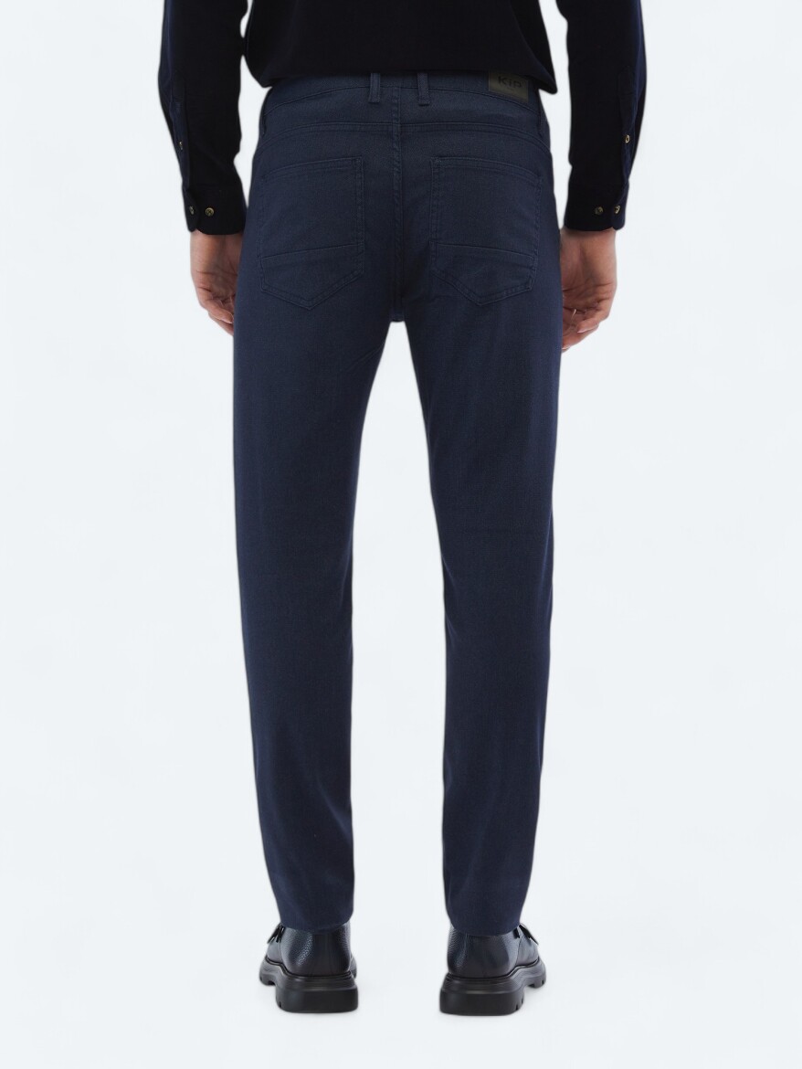 Navy Blue Weaving Slim Fit Casual Cotton Blended Trousers - 5