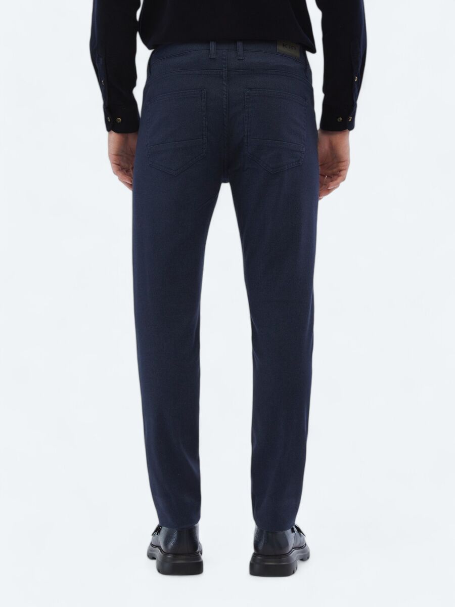 Navy Blue Weaving Slim Fit Casual Cotton Blended Trousers - 5