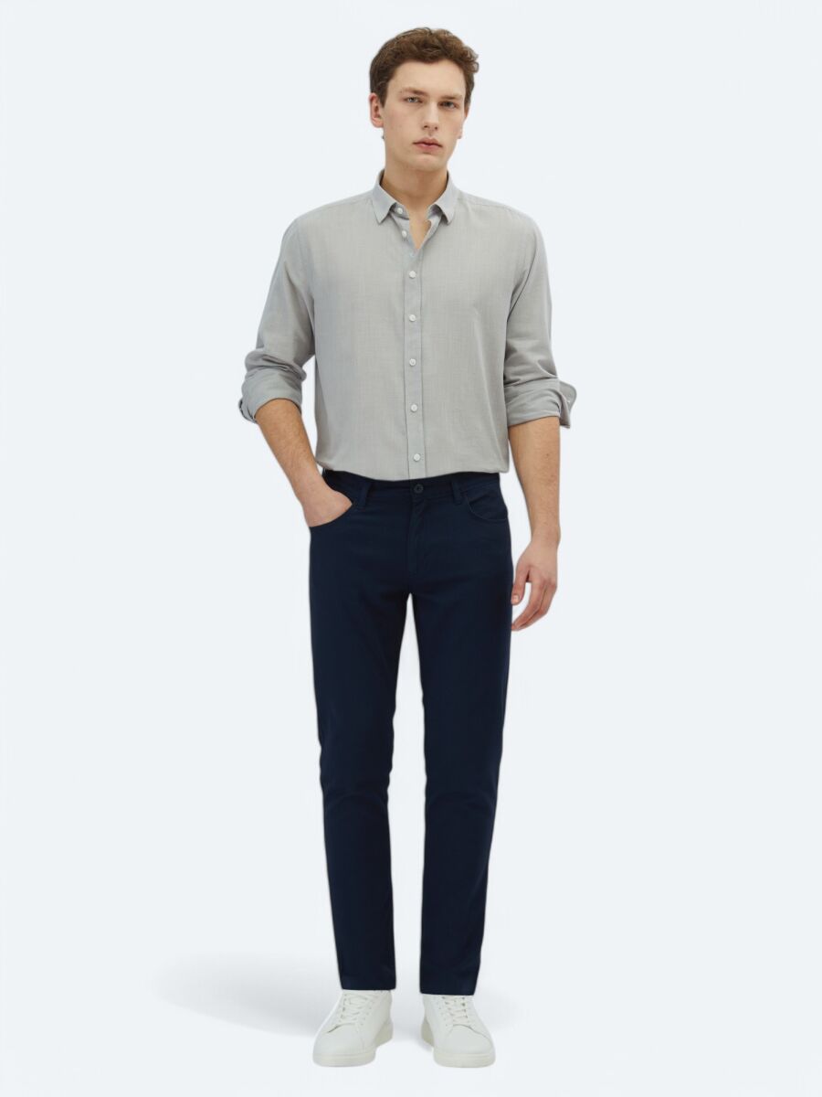 Navy Blue Weaving Slim Fit Casual Cotton Blended Trousers - 1