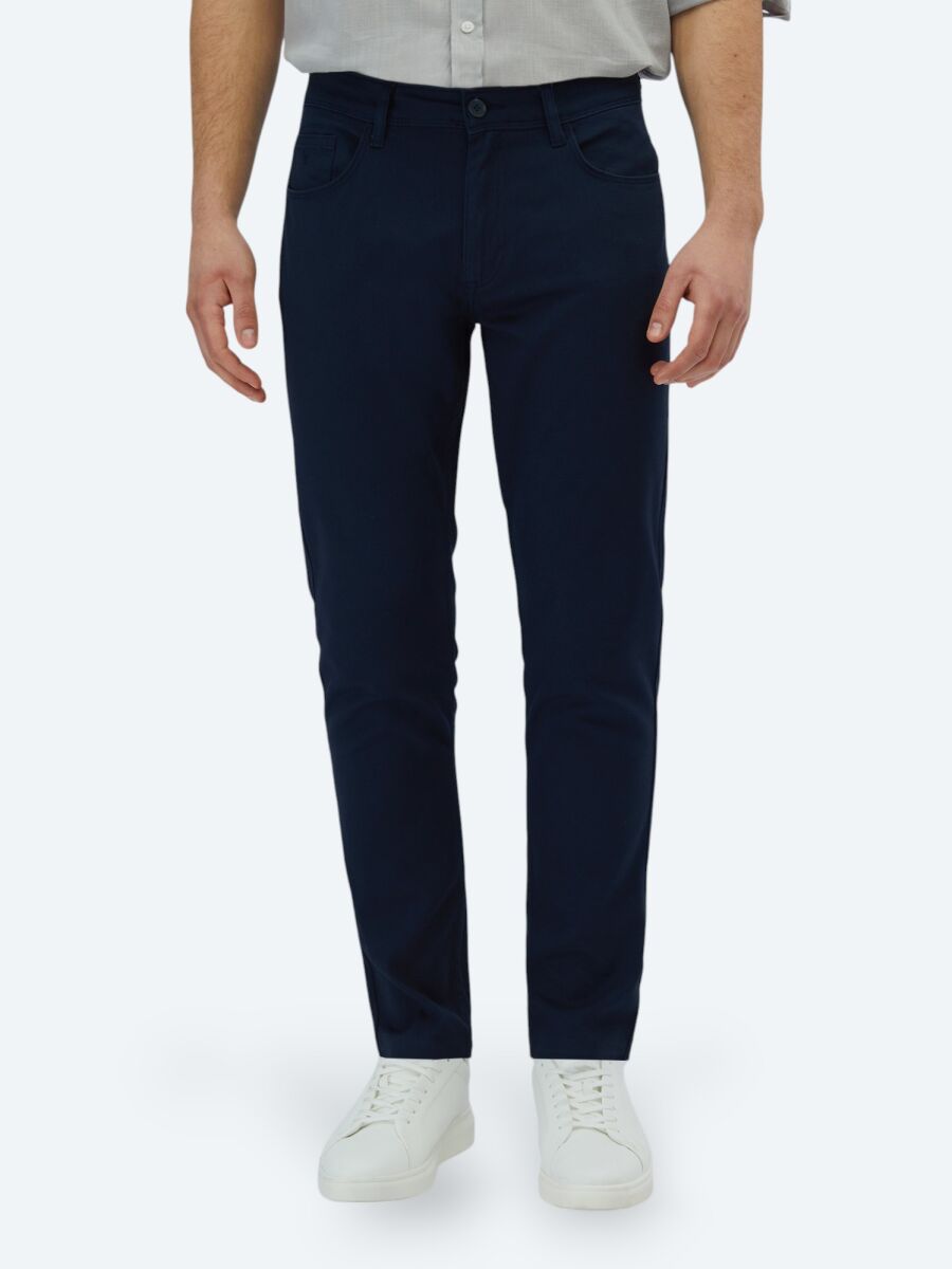 Navy Blue Weaving Slim Fit Casual Cotton Blended Trousers - 2