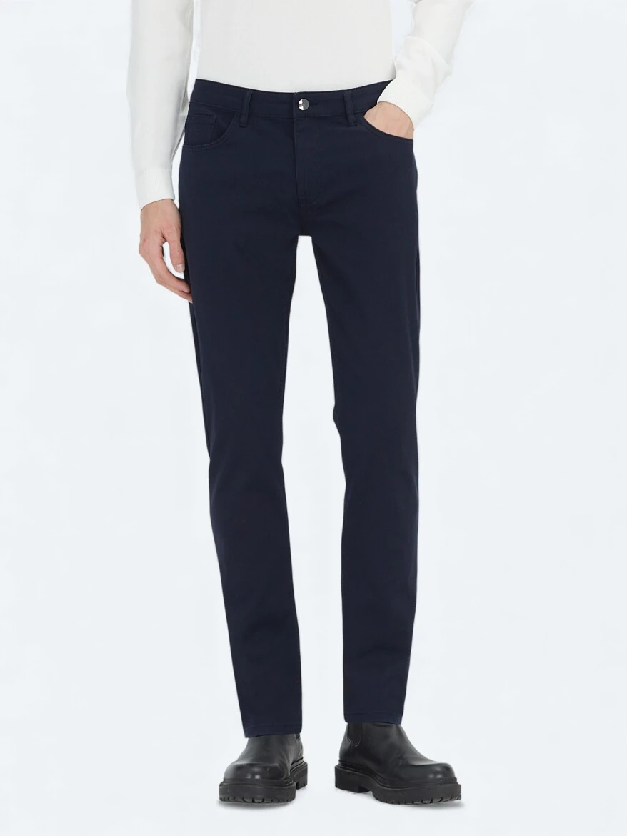 Navy Blue Weaving Slim Fit Casual Cotton Blended Trousers 