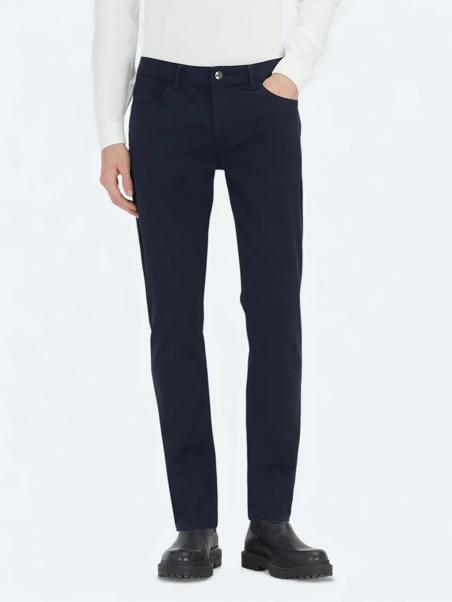 Navy Blue Weaving Slim Fit Casual Cotton Blended Trousers - 2
