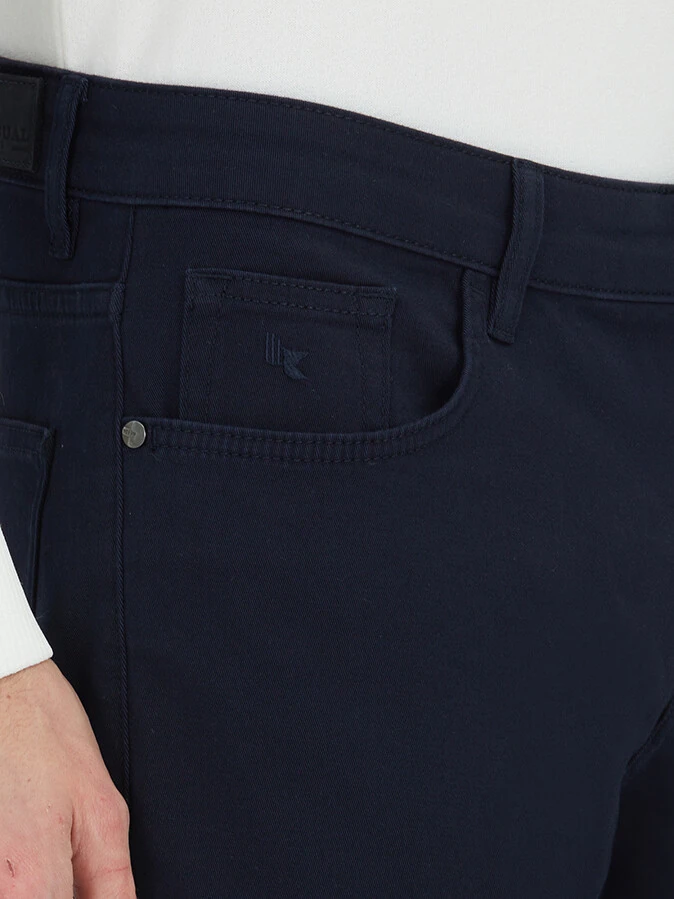 Navy Blue Weaving Slim Fit Casual Cotton Blended Trousers - 3