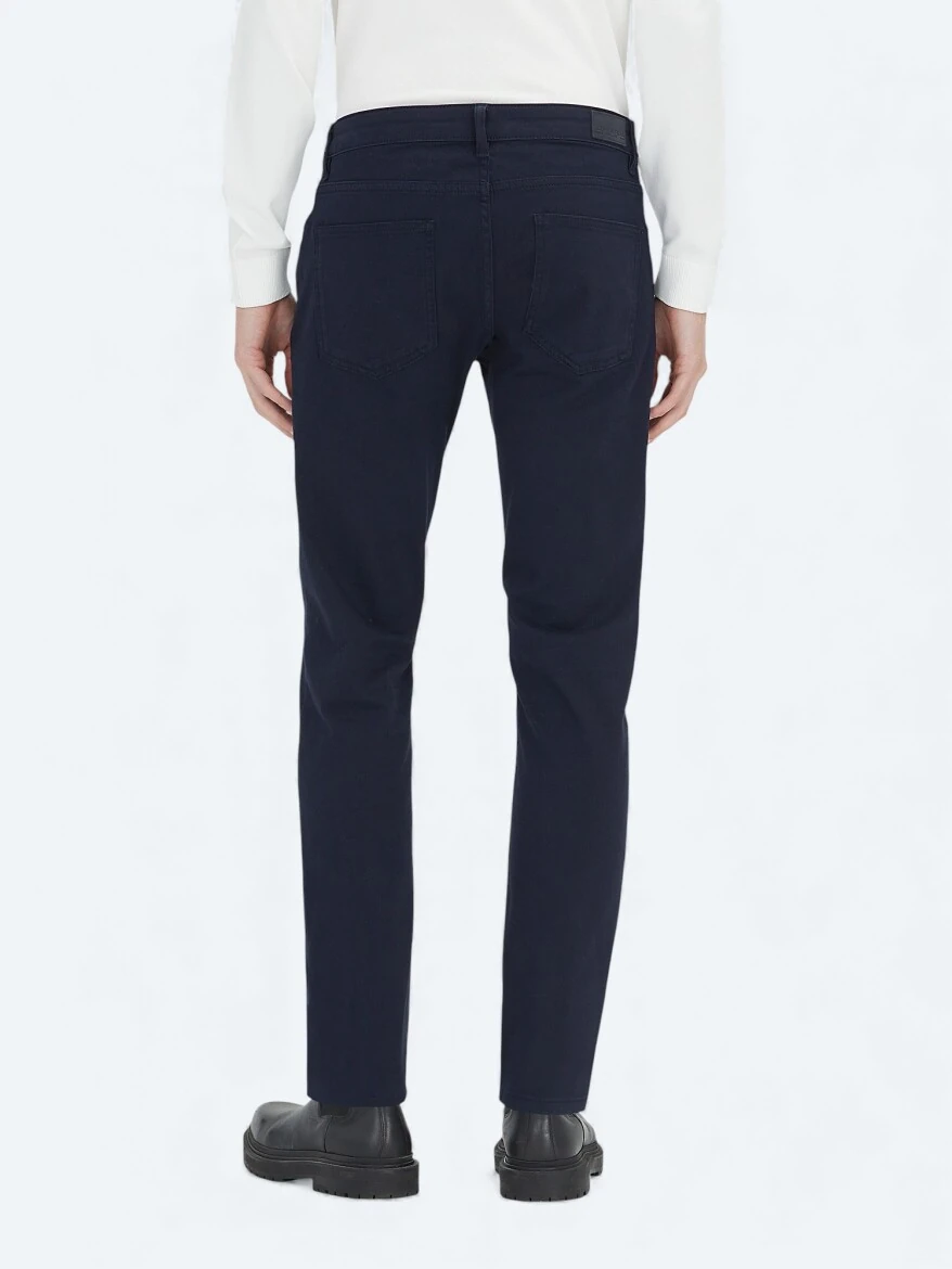 Navy Blue Weaving Slim Fit Casual Cotton Blended Trousers - 4