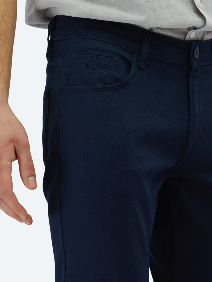 Navy Blue Weaving Slim Fit Casual Cotton Blended Trousers - 3