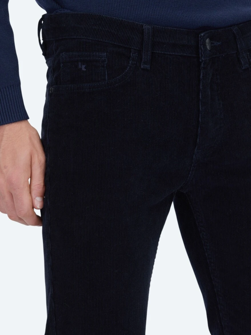 Navy Blue Weaving Slim Fit Casual Cotton Blended Trousers - 3