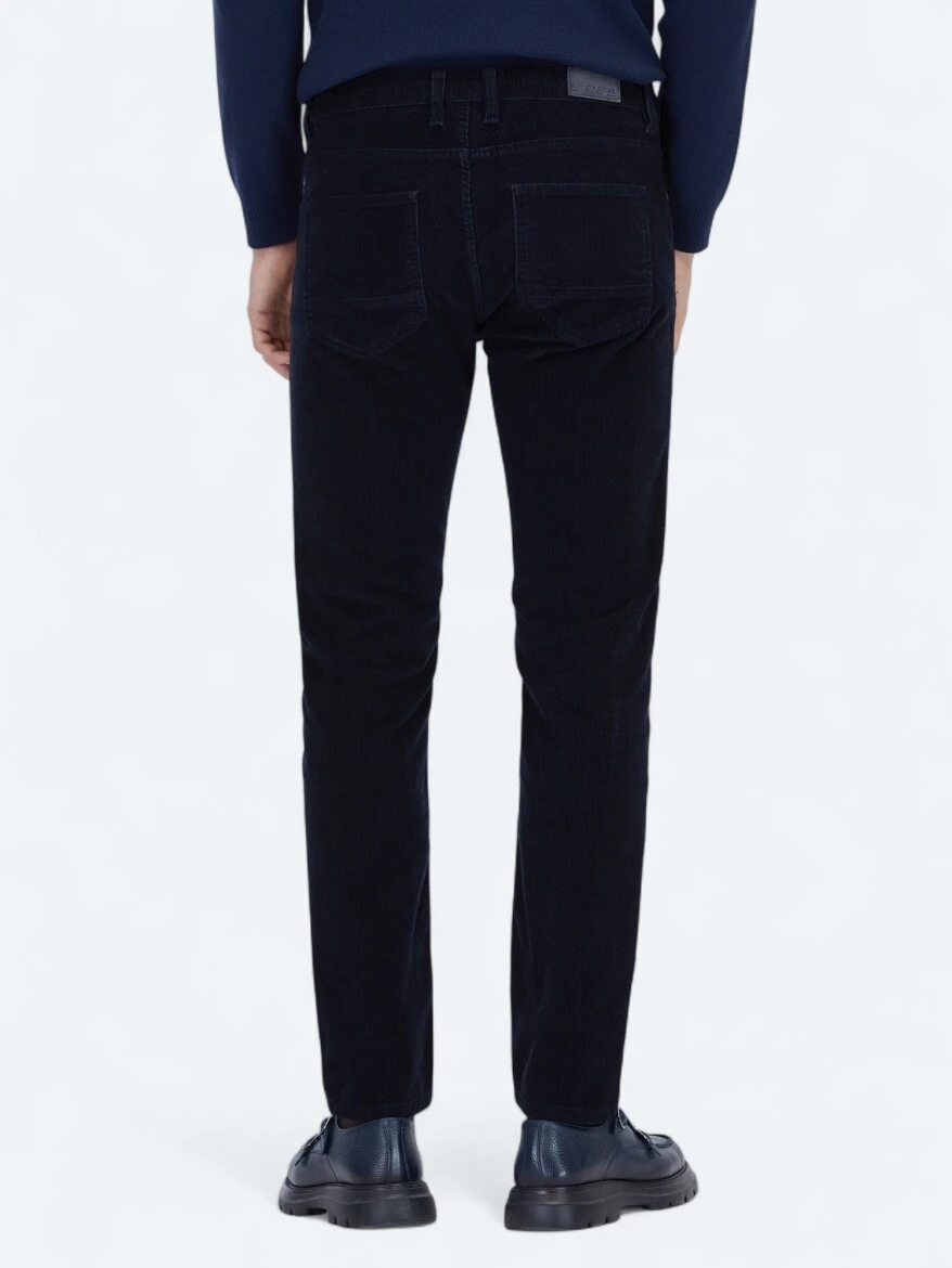 Navy Blue Weaving Slim Fit Casual Cotton Blended Trousers - 4