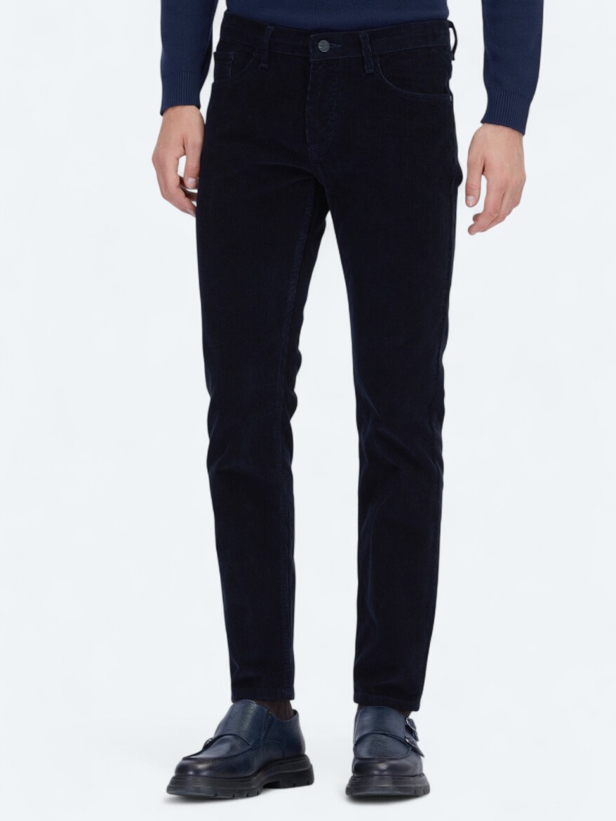 Navy Blue Weaving Slim Fit Casual Cotton Blended Trousers - KİP