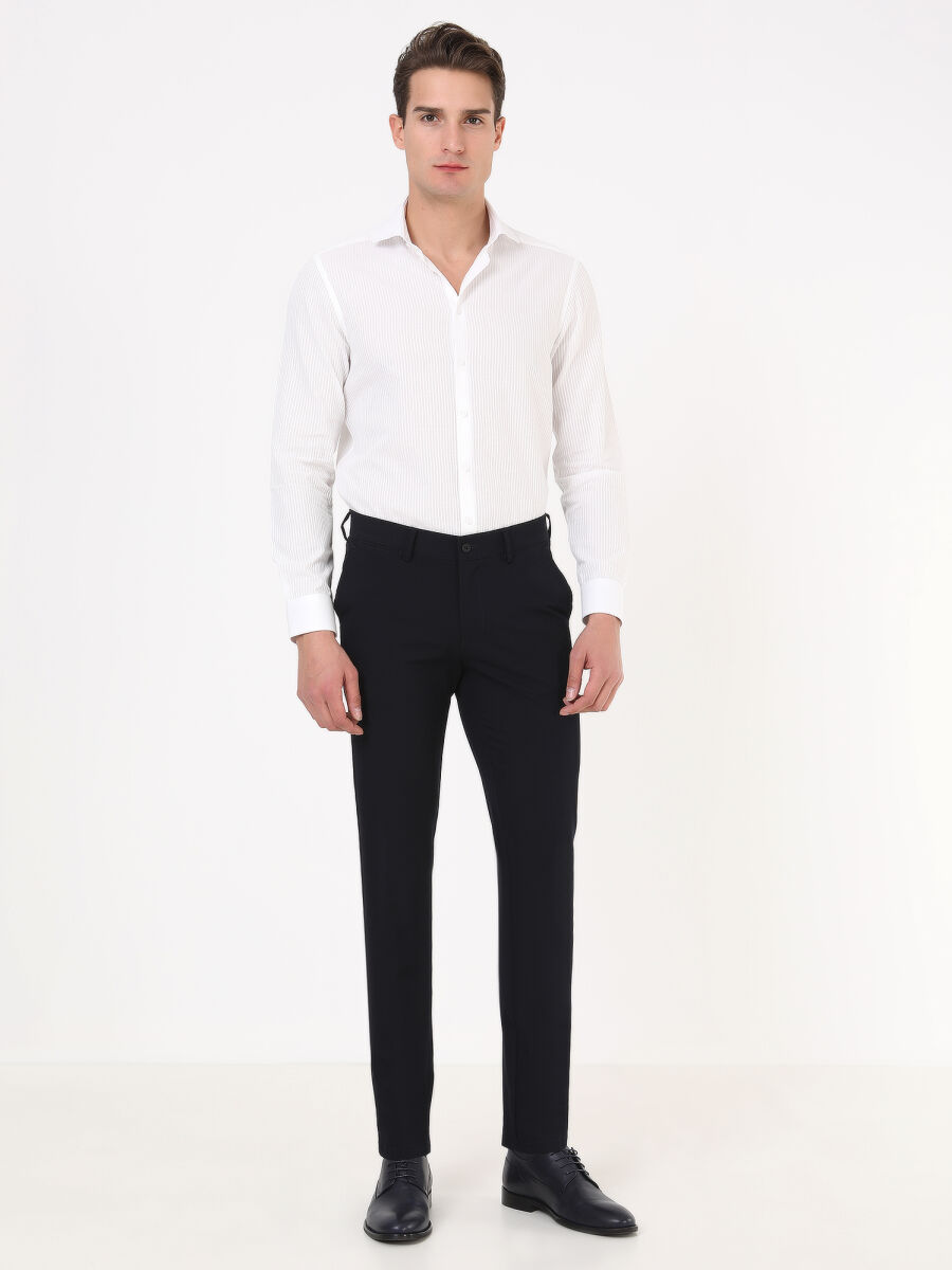 Navy Blue Weaving Slim Fit Casual Trousers - 1
