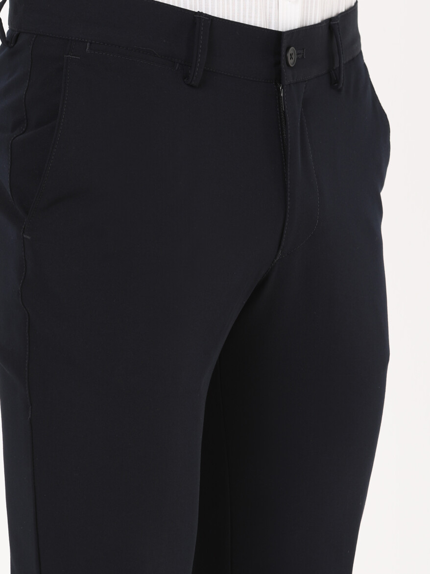 Navy Blue Weaving Slim Fit Casual Trousers - 2